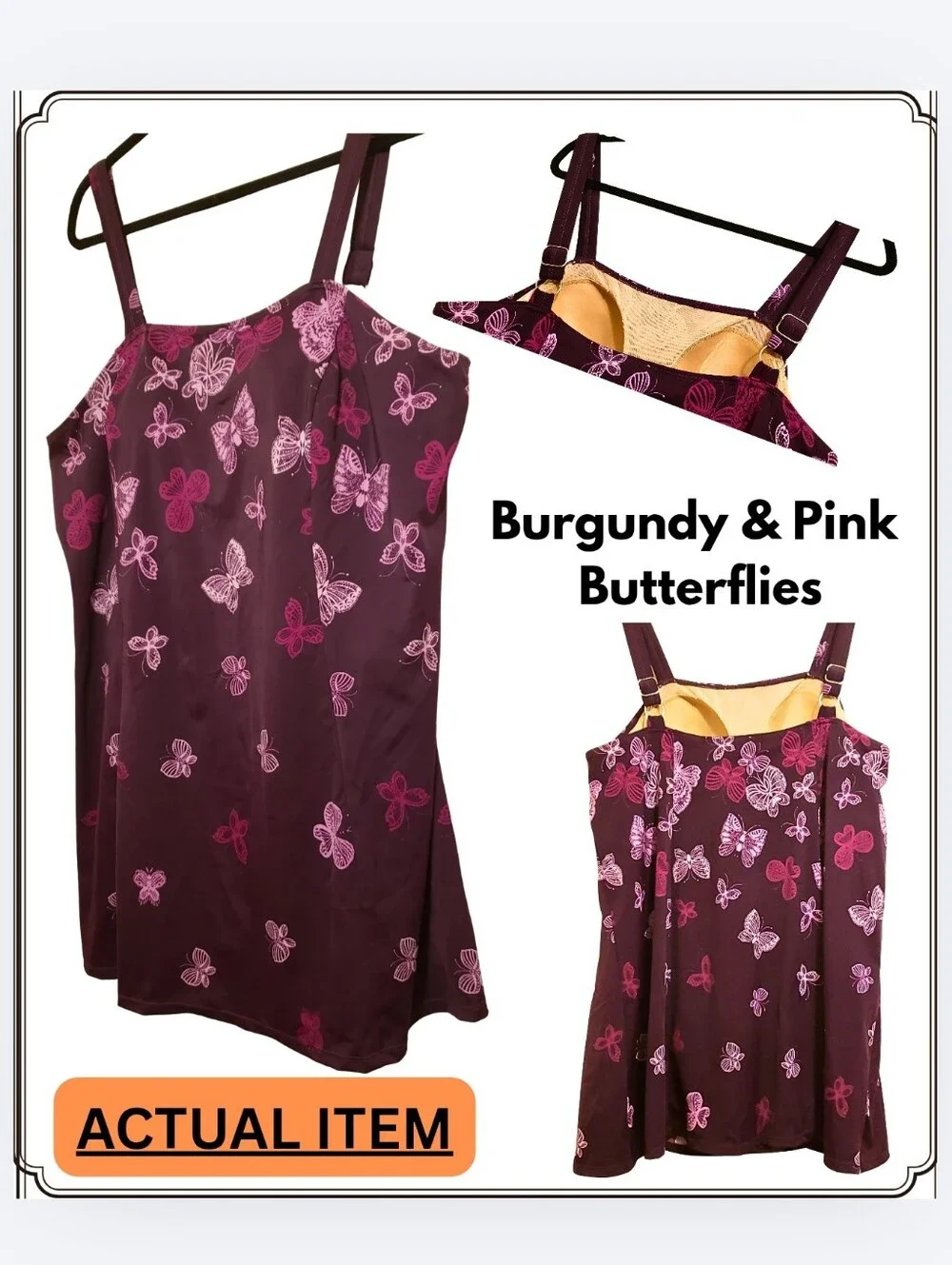 NWOT/Swim 365- Bandeau A-Line Swim Dress - Burgundy & Pink Butterflies  24W